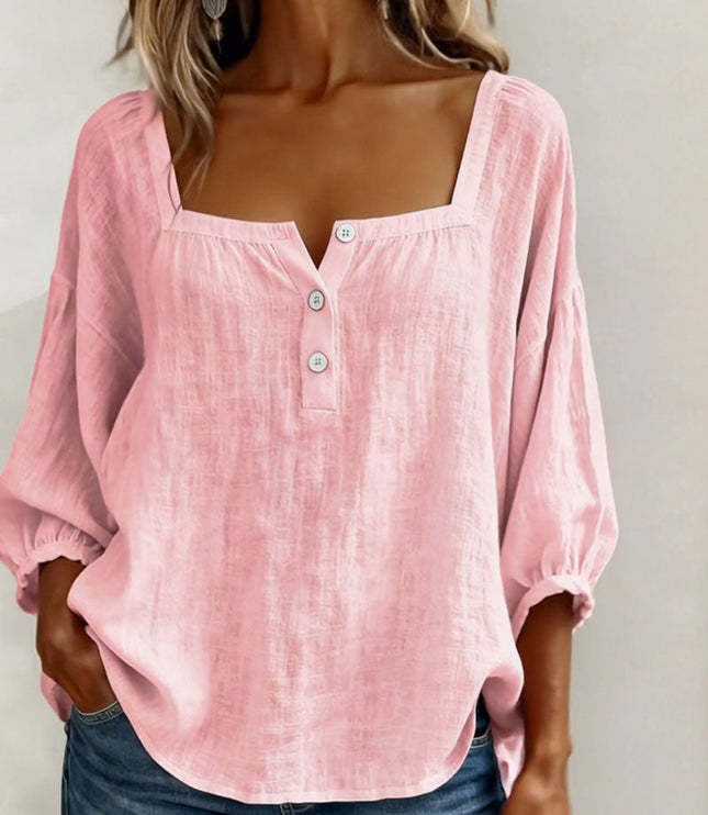 Pink square neck puff sleeve button top with voluminous three-quarter sleeves