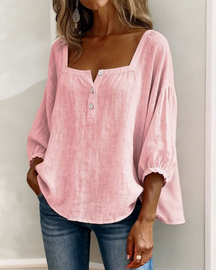 Pink linen square neck puff sleeve top with button placket and gathered sleeves