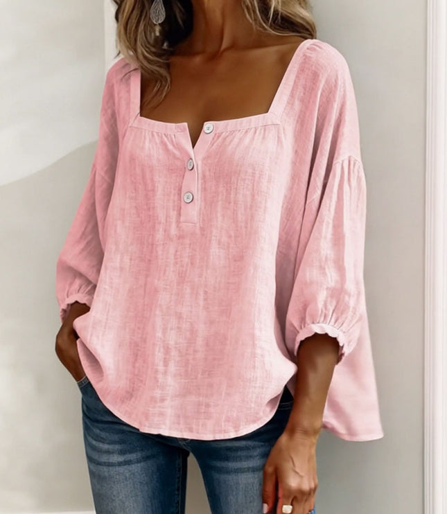 Pink linen square neck puff sleeve top with button placket and gathered sleeves