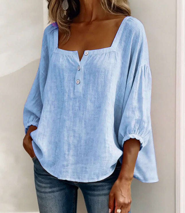 Light blue linen square neck puff sleeve button top with relaxed fit
