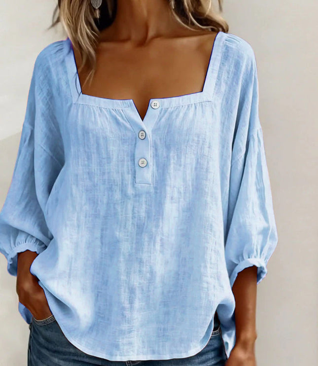 Pale blue linen square neck puff sleeve button top with three-button front