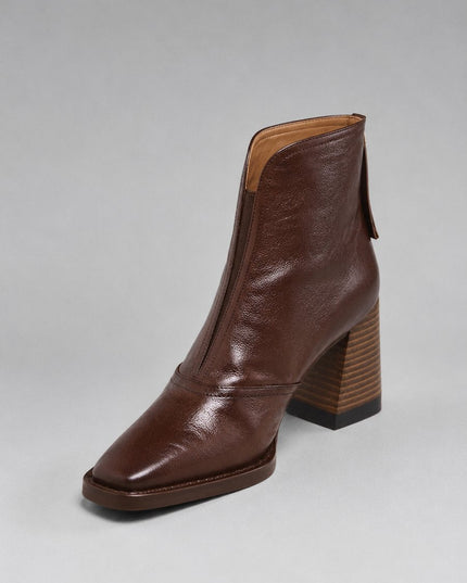 Women's Square-Toe Block-Heel Leather Ankle Boots - Brown