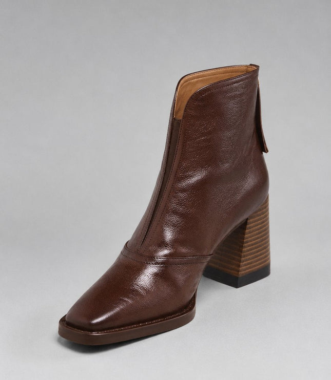 Women's Square-Toe Block-Heel Leather Ankle Boots - Brown