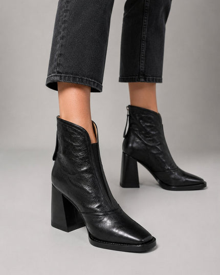 Women's Square-Toe Block-Heel Leather Ankle Boots