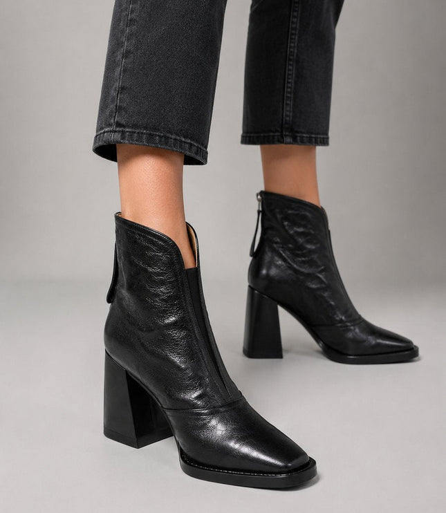 Women's Square-Toe Block-Heel Leather Ankle Boots