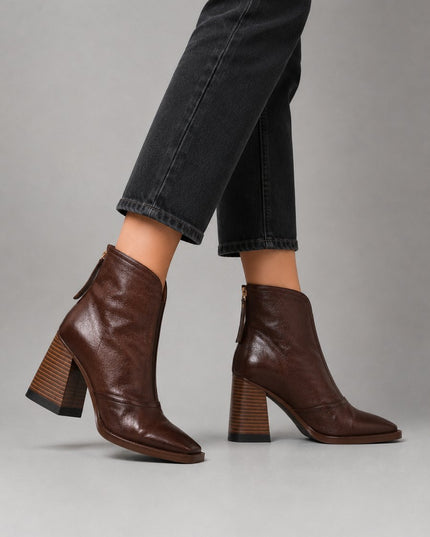 Women's Square-Toe Block-Heel Leather Ankle Boots