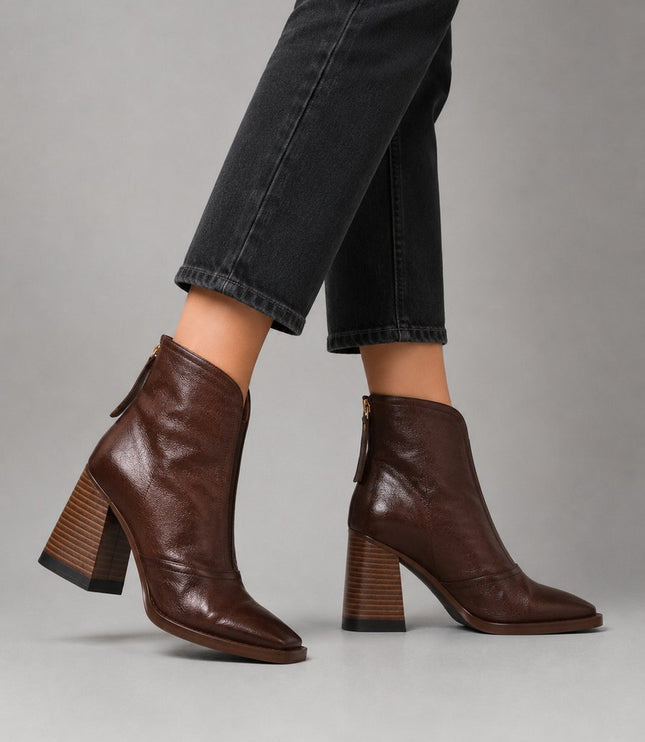 Women's Square-Toe Block-Heel Leather Ankle Boots