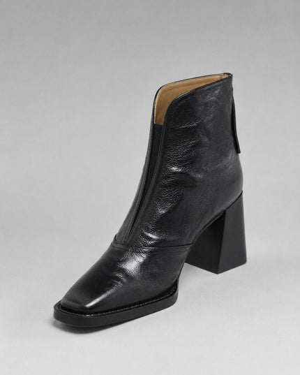 Women's Square-Toe Block-Heel Leather Ankle Boots - Black