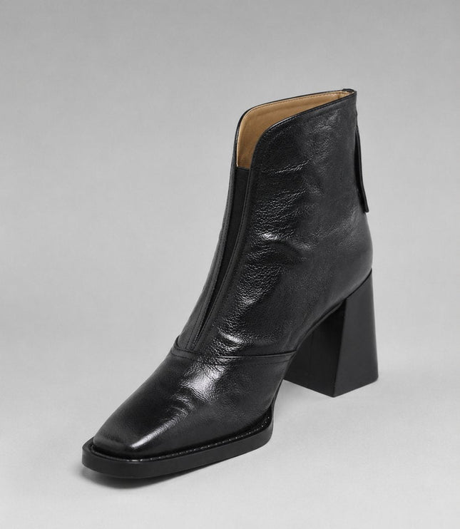 Women's Square-Toe Block-Heel Leather Ankle Boots - Black