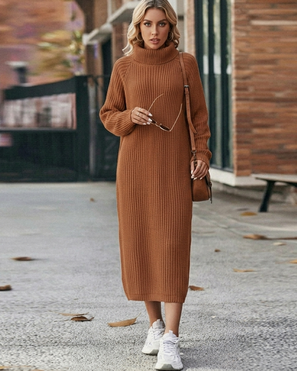 Women's Straight Midi Roll Neck Ribbed Jumper Dress