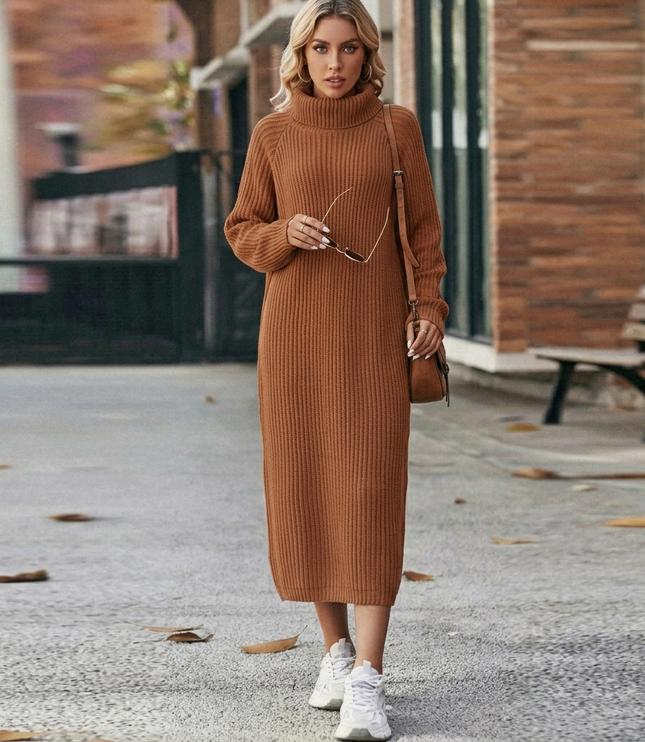 Women's Straight Midi Roll Neck Ribbed Jumper Dress