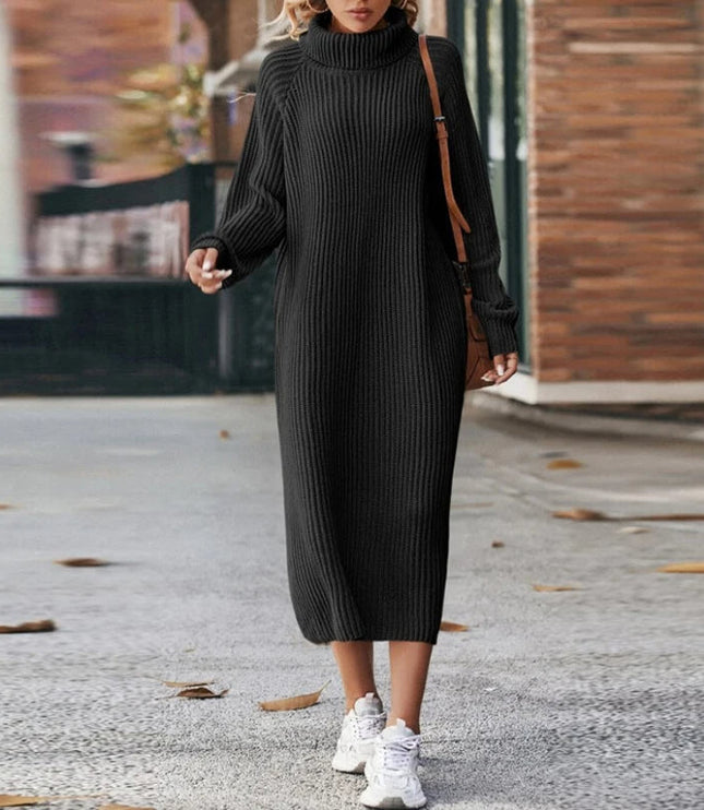 Women's Straight Midi Roll Neck Ribbed Jumper Dress