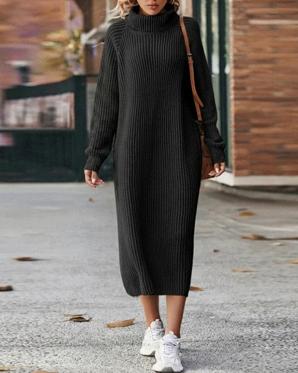 Women's Straight Midi Roll Neck Ribbed Jumper Dress
