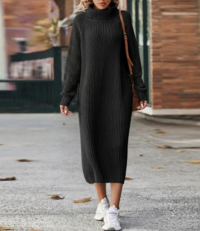 Women's Straight Midi Roll Neck Ribbed Jumper Dress