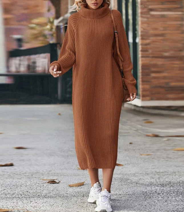 Women's Straight Midi Roll Neck Ribbed Jumper Dress