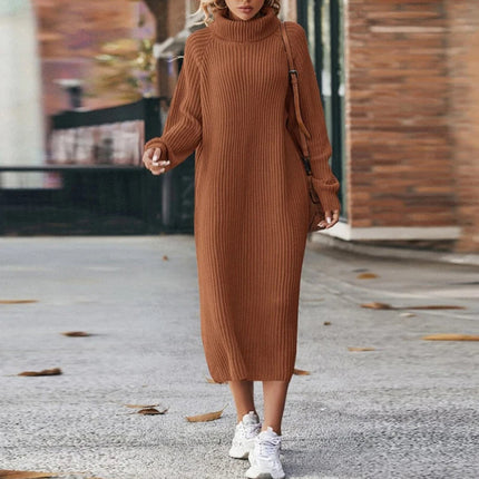 Women's Straight Midi Roll Neck Ribbed Jumper Dress