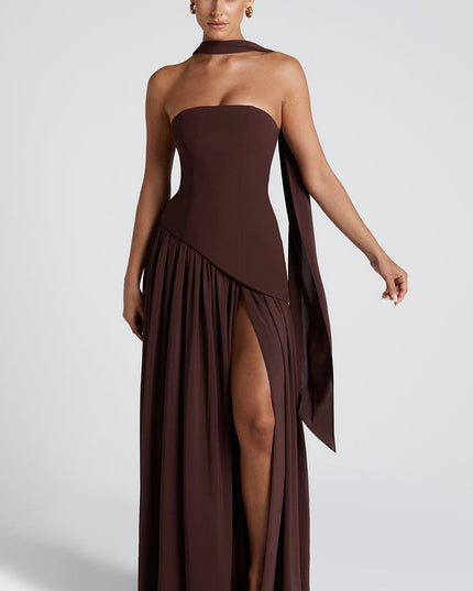 Strapless brown maxi dress with asymmetrical pleated skirt and choker neckline
