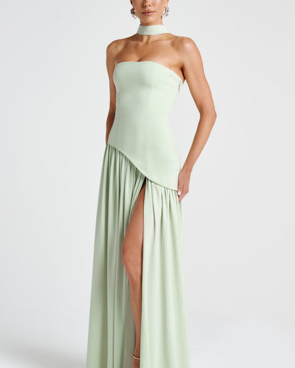 Pale green strapless maxi dress with asymmetrical pleated skirt and choker collar