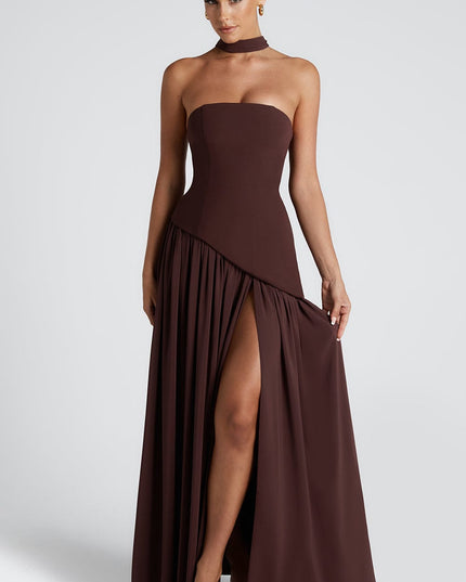 Burgundy strapless asymmetrical maxi dress with high slit