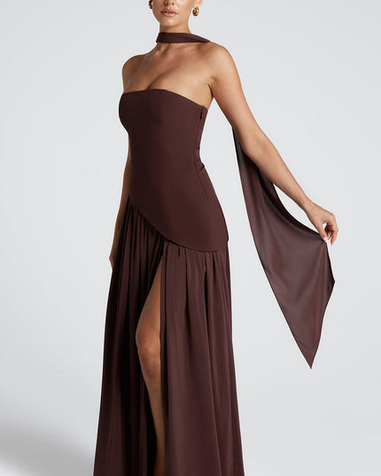 Burgundy asymmetrical maxi dress with draped arm detail