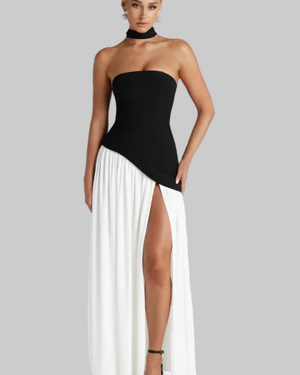 Strapless black and white asymmetrical maxi dress with choker neckline
