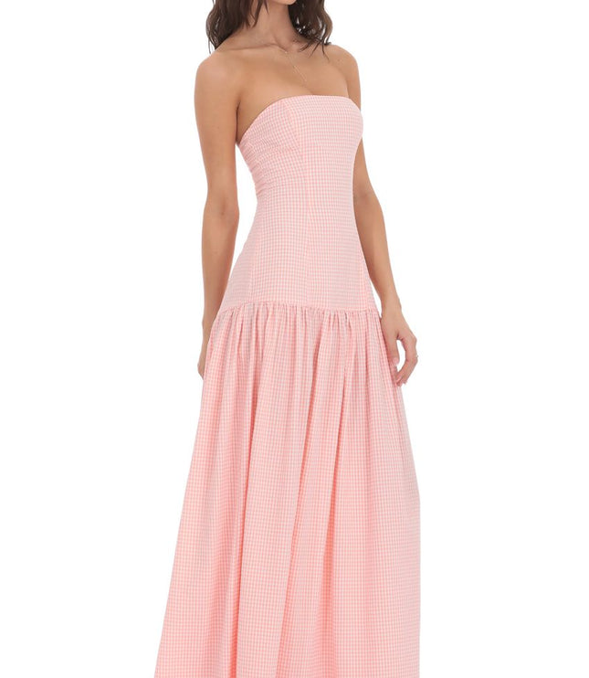Vestido maxi cóctel sin tirantes para mujer con fruncido y sin mangas