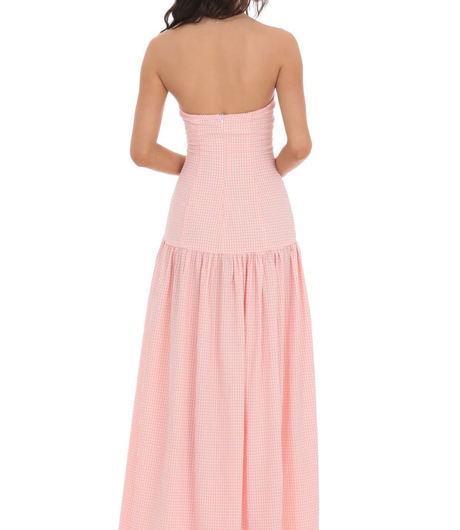Vestido maxi cóctel sin tirantes para mujer con fruncido y sin mangas