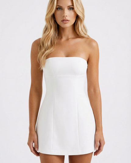 White strapless structured mini dress with fitted bodice and flared skirt