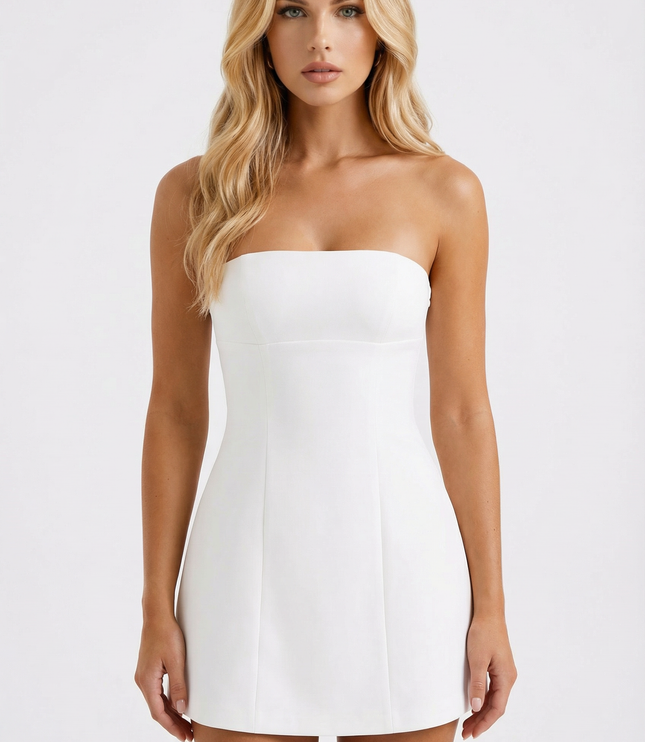 White strapless structured mini dress with fitted bodice and flared skirt