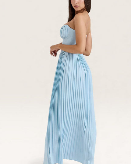 Back view of light blue strapless pleated maxi dress showing zip closure