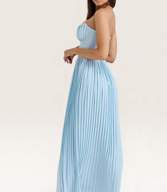 Back view of light blue strapless pleated maxi dress showing zip closure