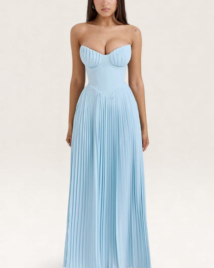 Front view light blue sweetheart neckline pleated maxi sundress