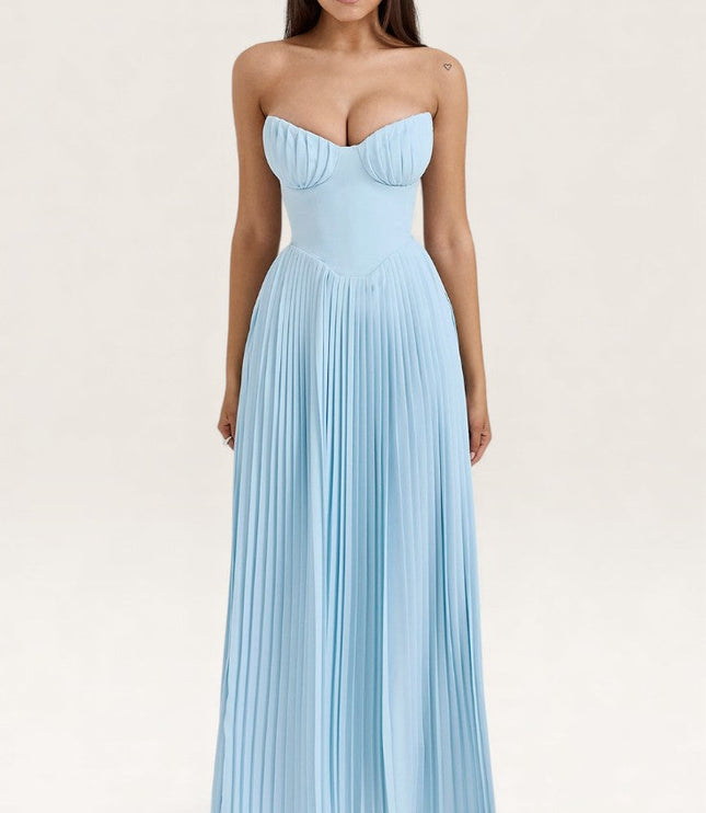 Front view light blue sweetheart neckline pleated maxi sundress
