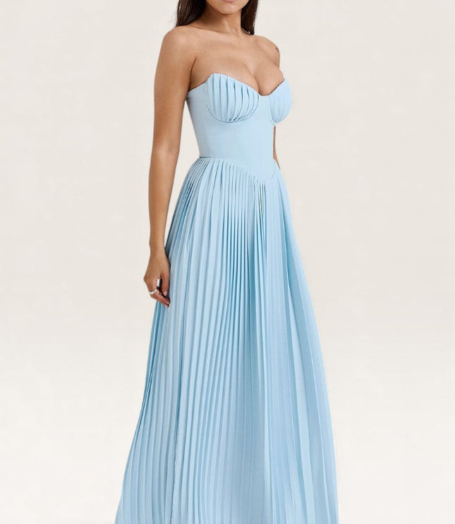 Light blue strapless sweetheart pleated maxi dress with fitted bodice