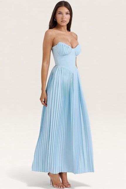 Light blue strapless sweetheart pleated maxi dress with fitted bodice