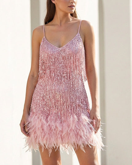 Women's Strappy Feather Trim Fringe Sequin Dress