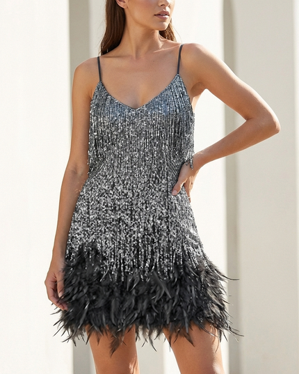 Women's Strappy Feather Trim Fringe Sequin Dress