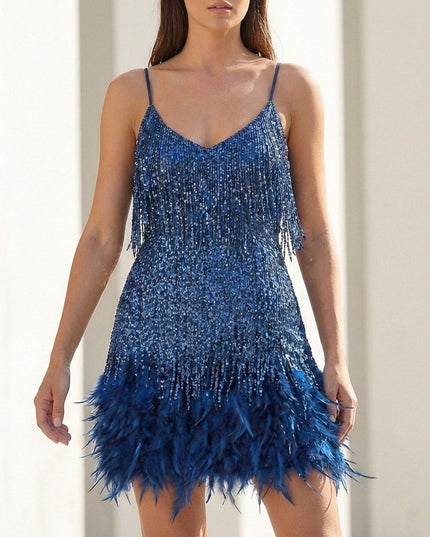 Women's Strappy Feather Trim Fringe Sequin Dress