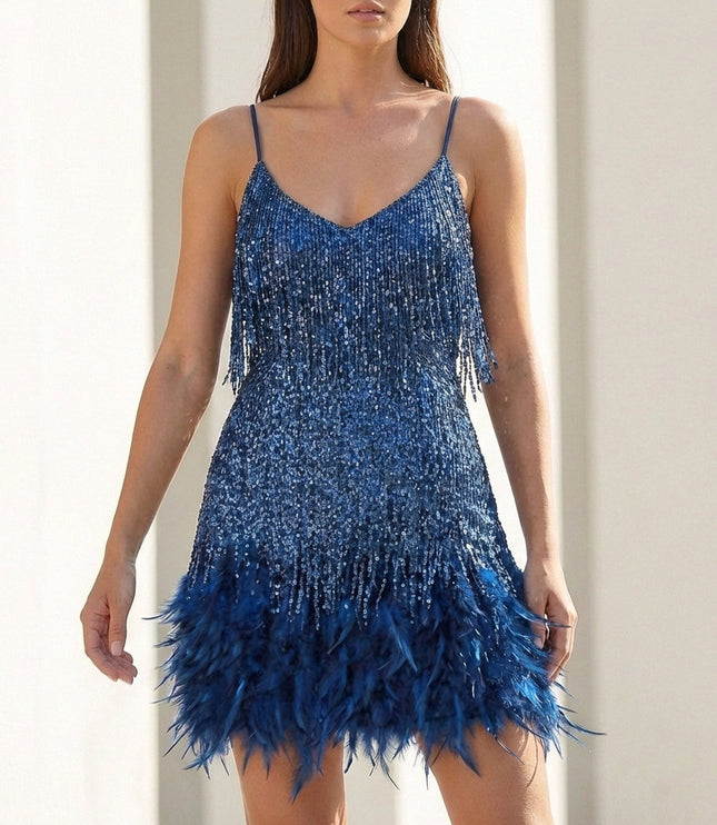 Women's Strappy Feather Trim Fringe Sequin Dress