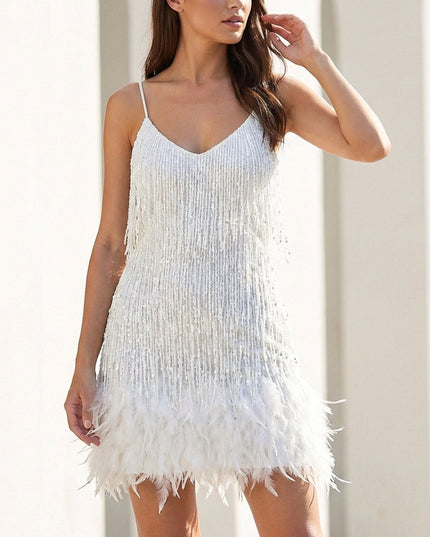 Women's Strappy Feather Trim Fringe Sequin Dress