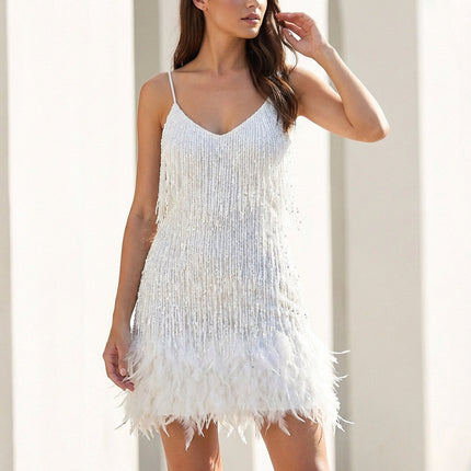 Women's Strappy Feather Trim Fringe Sequin Dress