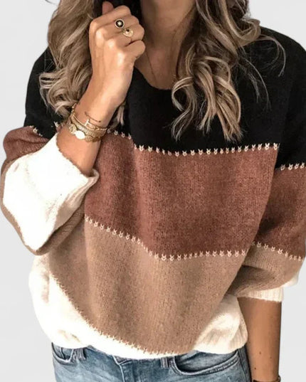 Women's Colorblock Striped Crewneck Pullover Sweater - Khaki