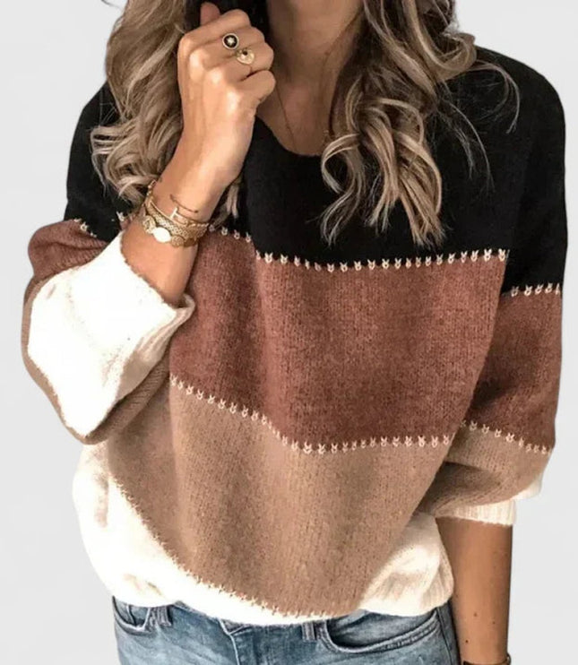 Women's Colorblock Striped Crewneck Pullover Sweater - Khaki