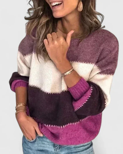 Women's Colorblock Striped Crewneck Pullover Sweater - Purple