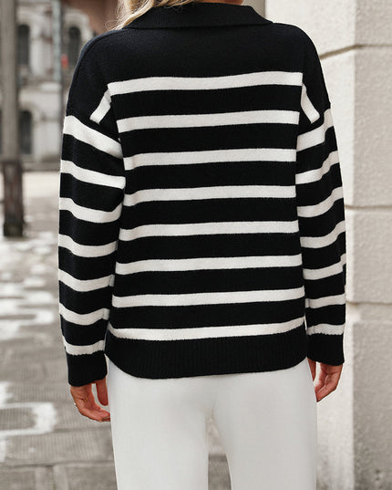Striped Knit Sweater with Polo Collar and V-Neckline