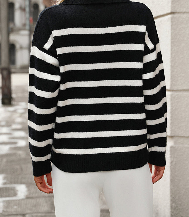 Striped Knit Sweater with Polo Collar and V-Neckline