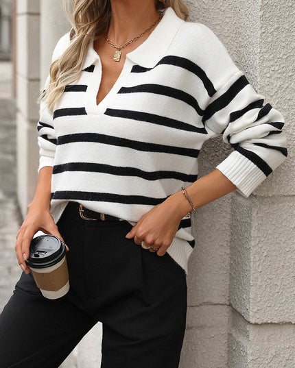 Striped Knit Sweater with Polo Collar and V-Neckline