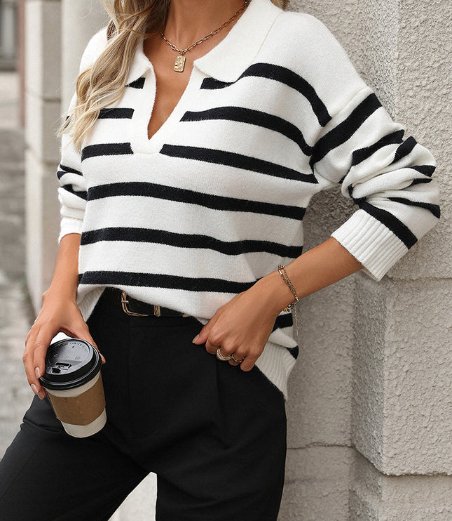 Striped Knit Sweater with Polo Collar and V-Neckline