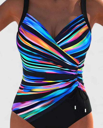 Neon rainbow striped wrap-front one-piece swimsuit with black sides