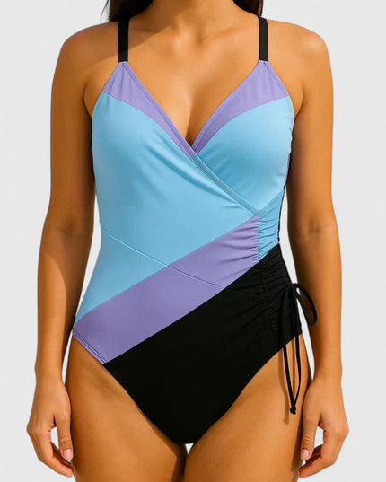 Light blue and purple color-block wrap-front one-piece with side ties
